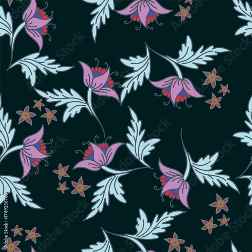 Floral botanical vector texture pattern with flowers and leaves. Seamless pattern can be used for wallpaper, pattern fills, web page background, surface textures.
