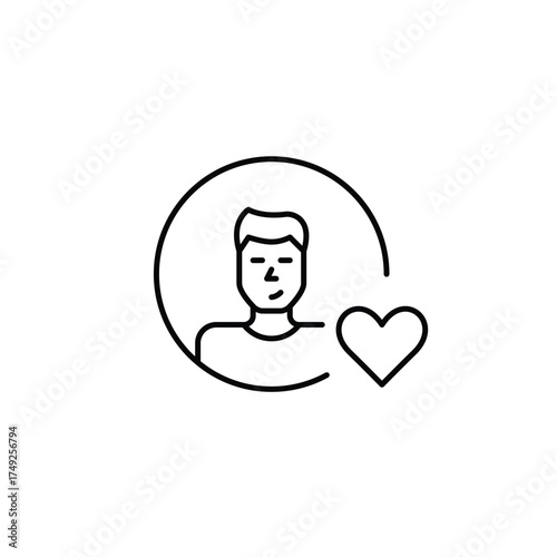 Male user avatar and heart. Customer support online, trusted remote user care, user focused services. Pixel perfect, editable stroke vector icon
