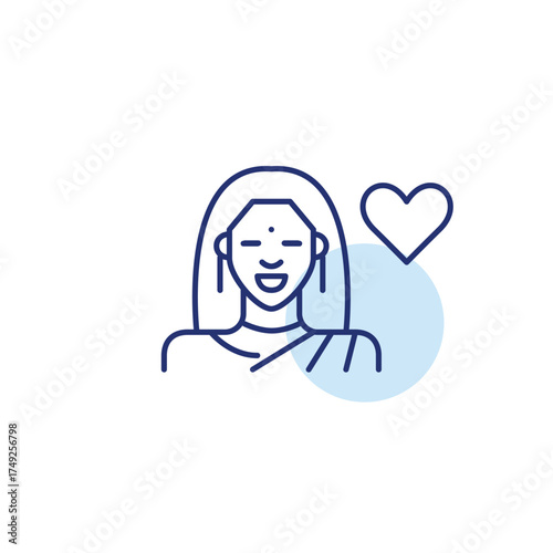Smiling Indian woman and heart. Customer support, remote user care. Inclusivity in forums or digital world. Pixel perfect, editable stroke vector icon