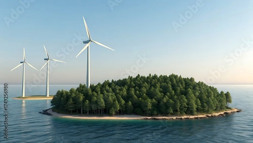 Green island with wind turbines in blue ocean
