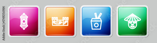 Set line Chinese paper lantern, Great wall of China, Noodles box and chopsticks and man. Colorful square button. Vector