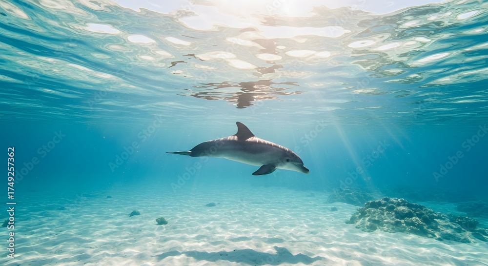 Obraz premium Dolphin Swimming Gracefully in Sunlit Clear Blue Ocean