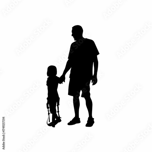 Silhouette of a rehab worker assisting a child with leg braces isolated on white background