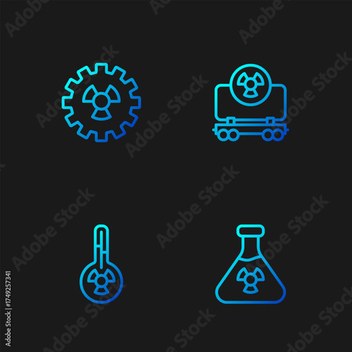 Set line Test tube radiation, Meteorology thermometer, Radioactive and cargo train. Gradient color icons. Vector