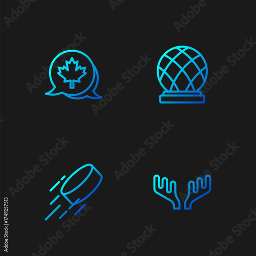 Set line Deer antlers, Hockey puck, Canadian maple leaf and Montreal Biosphere. Gradient color icons. Vector