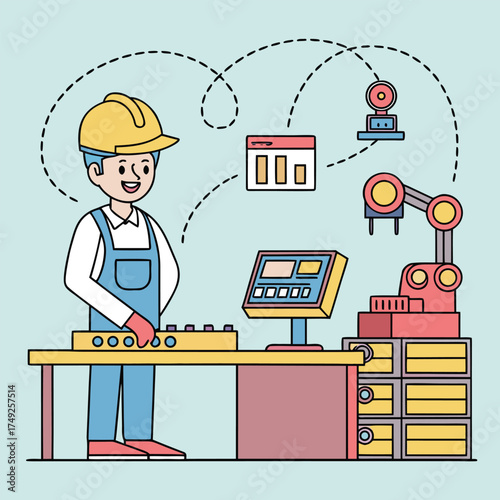 Factory Automation Vector with Worker and Robotic Arm Illustration