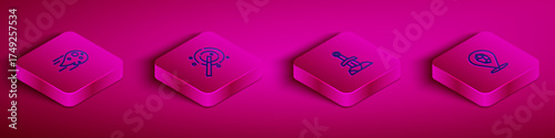 Set Isometric line Fireball, Magic wand, Sword in the stone and icon. Vector