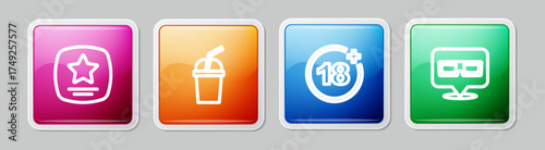 Set line Walk of fame star, Paper glass with water, Plus 18 movie and 3D cinema glasses. Colorful square button. Vector