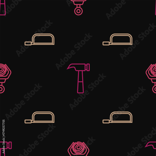 Set line Grapple crane grabbed a log, Hacksaw and Hammer on seamless pattern. Vector