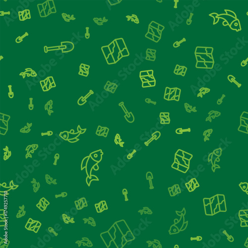 Set line Shovel, Fish and Camping and hiking on map on seamless pattern. Vector