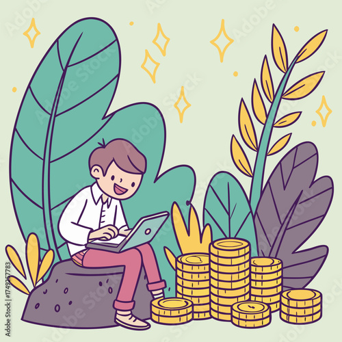 Cartoon Vector of Happy Man with Laptop and Money Coins Illustration