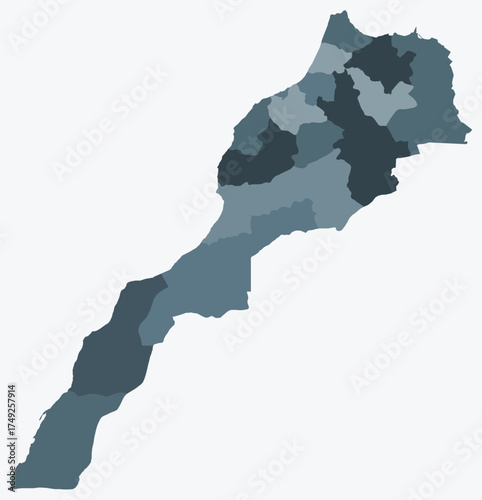 Map of Morocco with regions. Just a simple country border map with region division. Blue grey color palette. Plain Morocco shape with administrative division. Vector illustration.