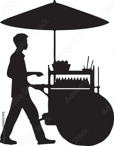 A silhouette depicts a street vendor pushing a cart with an umbrella. The scene is set in an alley, showcasing the urban vending lifestyle.
