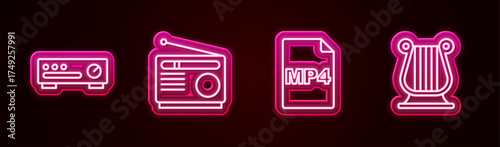 Set line Sound mixer controller, Radio, MP4 file document and Ancient Greek lyre. Glowing neon icon. Vector