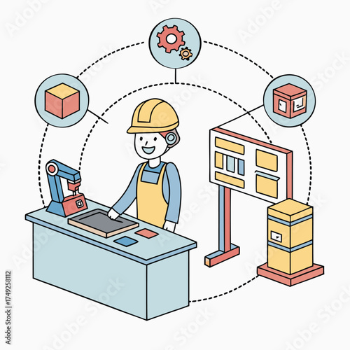 Factory Automation Vector with Worker and Robotic Machine Illustration