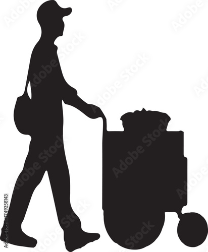 Silhouette of a street vendor wearing a cap and messenger bag, pushing a cart with goods down an alley.
