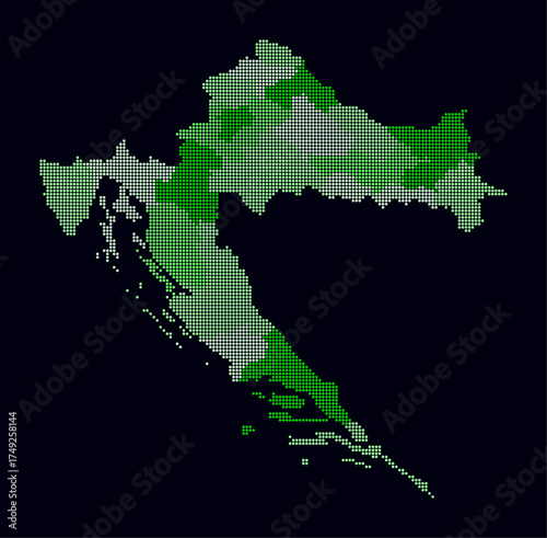 Croatia dotted map. Digital style map of the country on dark background. Croatia shape with circle dots. Colored dots style. Small size circles. Abstract vector illustration.