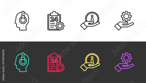 Set line Support operator in touch, Checklist with 24 hours service, Information and Settings the hand on black and white. Vector