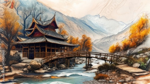 Asian Temple and Bridge in Autumn Watercolor Landscape.
