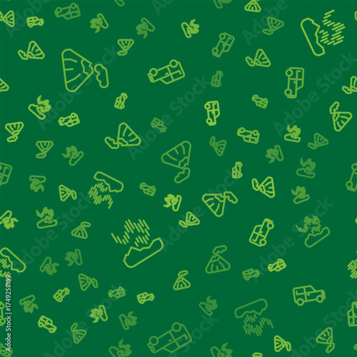 Set line Volcano, Northern lights and Car on seamless pattern. Vector