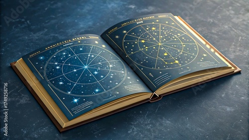 Open book with star map and constellation chart
