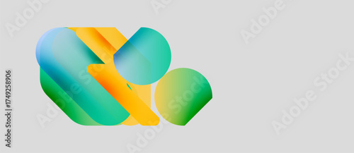 Abstract shapes overlap, creating vibrant color gradients. Turquoise, yellow, green hues blend smoothly. Minimalist design, clean background.