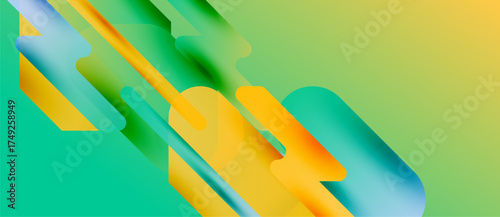 Abstract gradients blend yellow, green, blue hues. Dynamic shapes overlap creating modern visual effect. Smooth transitions dominate composition.