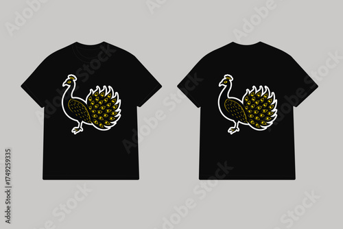 Black t shirt with yellow peacock design bird animal