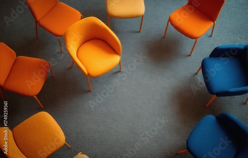 Overhead shot shows a circle of modern, minimalist chairs in vibrant colors on a textured surface