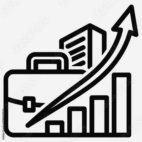 Business growth and financial success depicted with a briefcase, upward trending bar graph, and skyscraper building, symbolizing career advancement and economic prosperity