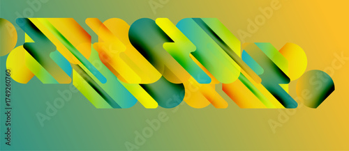 Abstract shapes overlap, creating vibrant gradient effect. Yellows, greens dominate composition. Smooth transitions define design elements.