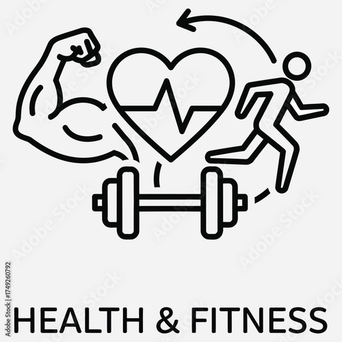 Line art illustration representing core elements of health and fitness, such as strength, cardiovascular well-being, active exercise, and weight training for an improved lifestyle