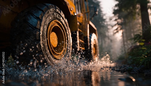 Close-up of a yellow construction vehicle's tires splashing through water on a forest road