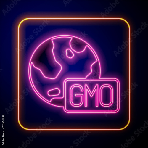 Glowing neon GMO icon isolated on black background. Genetically modified organism acronym. Dna food modification. Vector