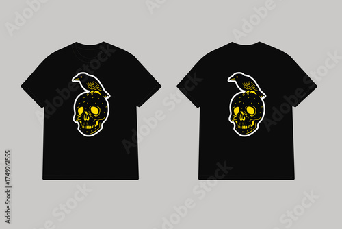 Black t shirt with yellow skull and raven vector