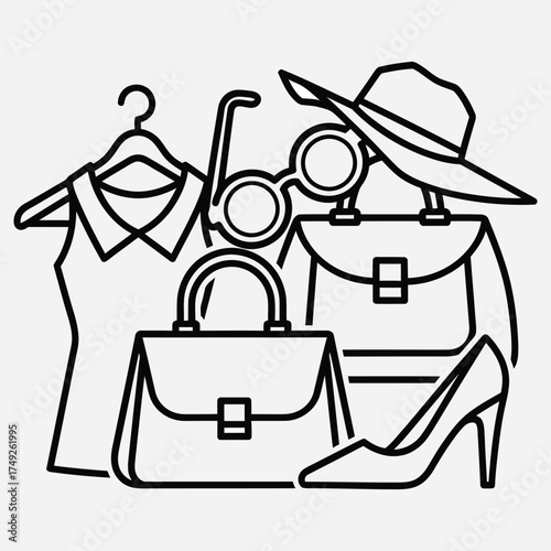 Fashion accessories handbag, hat, shoes, dress, and sunglasses