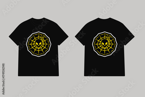 Black t shirt with yellow skull spider web graphic