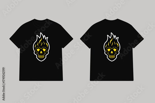 Black t shirt with yellow skull fire design tribal