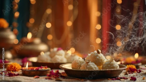 Assorted Diwali sweets steaming gently under warm ambient light, creating a cozy and festive feel.