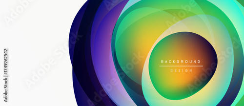 Abstract colorful circles create dynamic background. Gradient hues blend, forming modern design element. Clean space available for text.