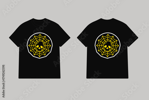 Black t shirt with yellow skull spiderweb graphic design