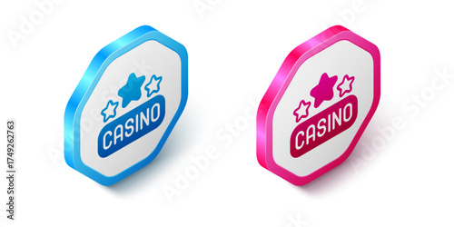 Isometric Casino signboard icon isolated on white background. Hexagon button. Vector