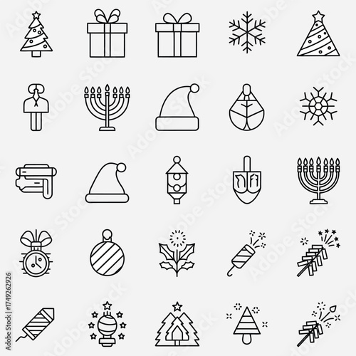 Collection of Christmas and Hanukkah holiday icons including trees, gifts, menorahs, snowflakes, and fireworks