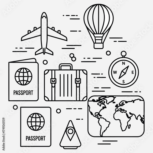 A collection of travel-related icons including a passport, airplane, suitcase, hot air balloon, compass, and world map