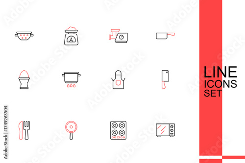 Set line Microwave oven, Gas stove, Frying pan, Crossed knife and fork, Meat chopper, Kitchen apron, Cooking pot fire and Chicken egg stand icon. Vector