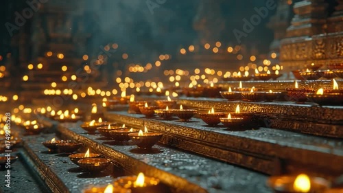 A close-up of glowing oil lamps arranged on a temple staircase, creating a warm and sacred festival ambiance.