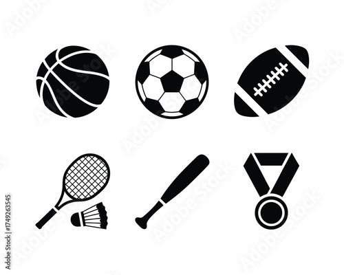 Set of six black and white sports icons vector illustration scalable eps graphic design elements silhouette