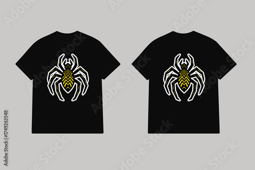 Black t shirt with yellow tribal spider graphic vector