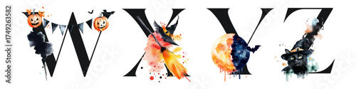 Halloween alphabet letter W X Y Z with watercolor illustrations