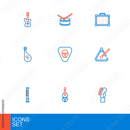 Set line Guitar neck, Violin, Flute, Triangle musical instrument, Bandura, pick, amplifier and Drum with drum sticks icon. Vector